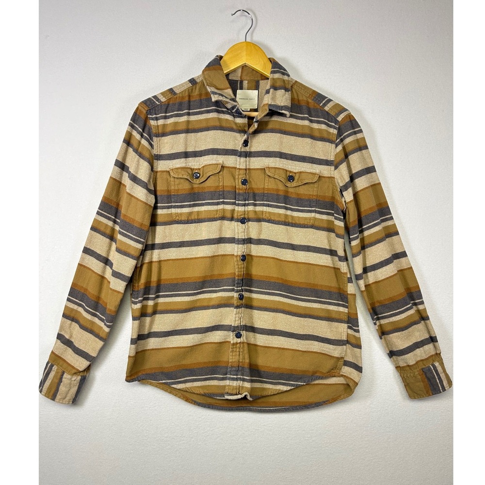 Earthcore American Eagle Mens Medium‎ Brown Striped Long Sleeve Flannel Shirt